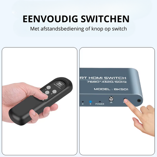 Delmark 5 naar 1 HDMI 2.1 Switch - 8K/60Hz - Aluminium Behuizing - IR Afstandsbediening - 5 apparaten op 1 Monitor
