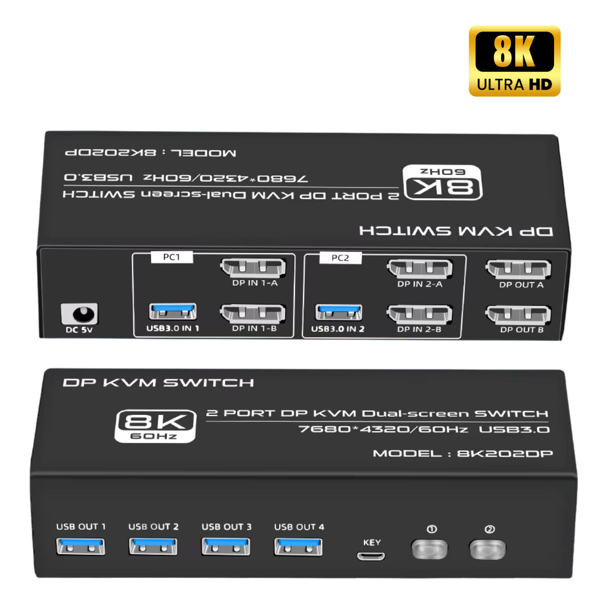 Delmark KVM Switch - DisplayPort 2 PC's naar 2 Monitors - 8K60Hz - DP 1.4 - 4x USB 3.0 Poorten - Inclusief DP en USB kabels