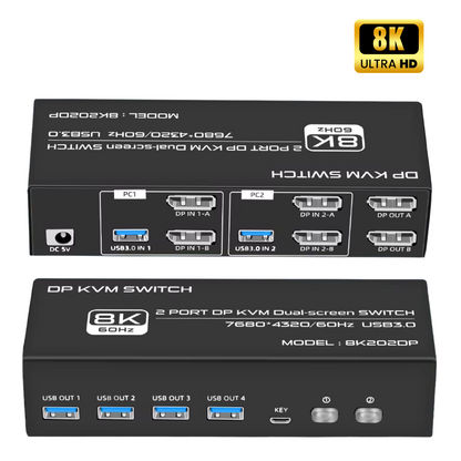 Delmark KVM Switch - DisplayPort 2 PC's naar 2 Monitors - 8K60Hz - DP 1.4 - 4x USB 3.0 Poorten - Inclusief DP en USB kabels