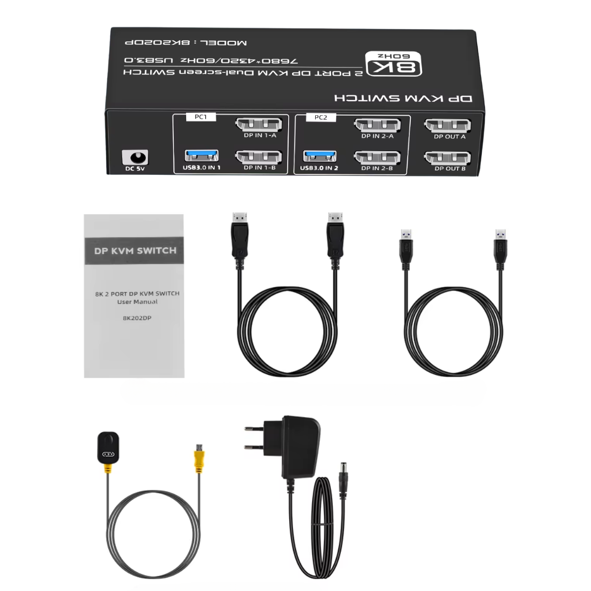 Delmark KVM Switch - DisplayPort 2 PC's naar 2 Monitors - 8K60Hz - DP 1.4 - 4x USB 3.0 Poorten - Inclusief DP en USB kabels