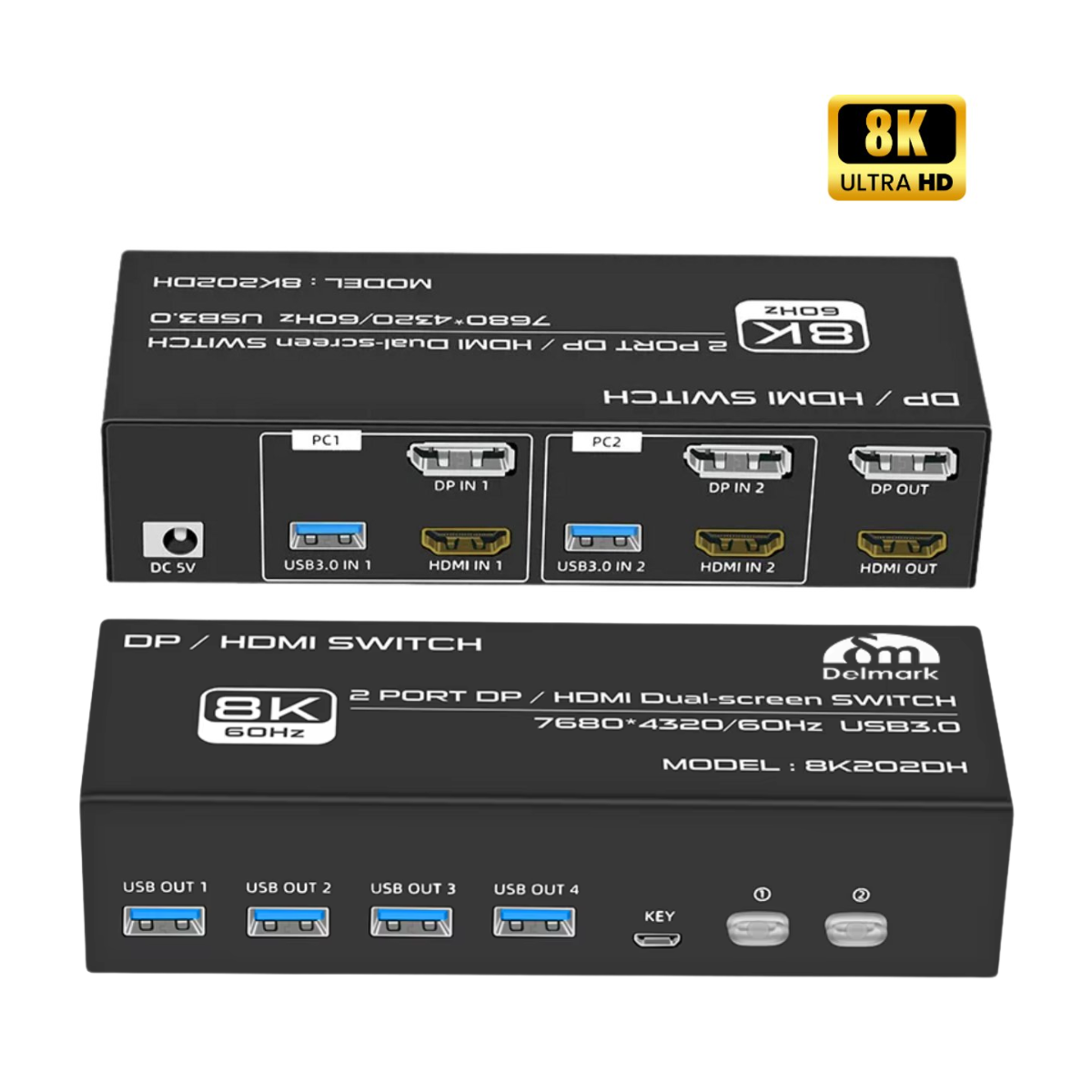 Delmark KVM Switch - DisplayPort & HDMI 2 PC's naar 2 Monitors - 8K60Hz - 4x USB 3.0 Poorten