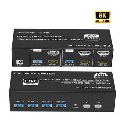 Delmark KVM Switch - DisplayPort & HDMI 2 PC's naar 2 Monitors - 8K60Hz - 4x USB 3.0 Poorten