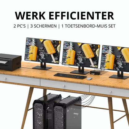 Delmark KVM Switch - DisplayPort & HDMI 2 PC's naar 3 Monitors - 8K60Hz - HDMI 2.1 / DP 1.4 - 4x USB 3.0 Poorten - Docking station - Inclusief DP, HDMI en USB kabels