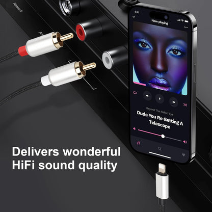 NÖRDIC RCA-LGN Lightning naar RCA Kabel - Audiokabel - 1.2m - Vergulde Connectoren - Zwart