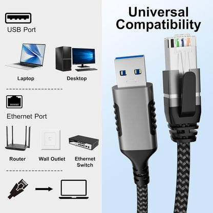 NÖRDIC RJ45A-50 USB-A 3.1 5Gbps naar RJ45 1Gbps Kabel - Geschikt voor Windows, MacOS, Linux, ChromeOS - 5m