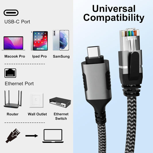 NÖRDIC RJ45C-20 USB-C 3.1 5Gbps naar RJ45 1Gbps Kabel - Geschikt voor Windows, MacOS, Linux, ChromeOS - 2m