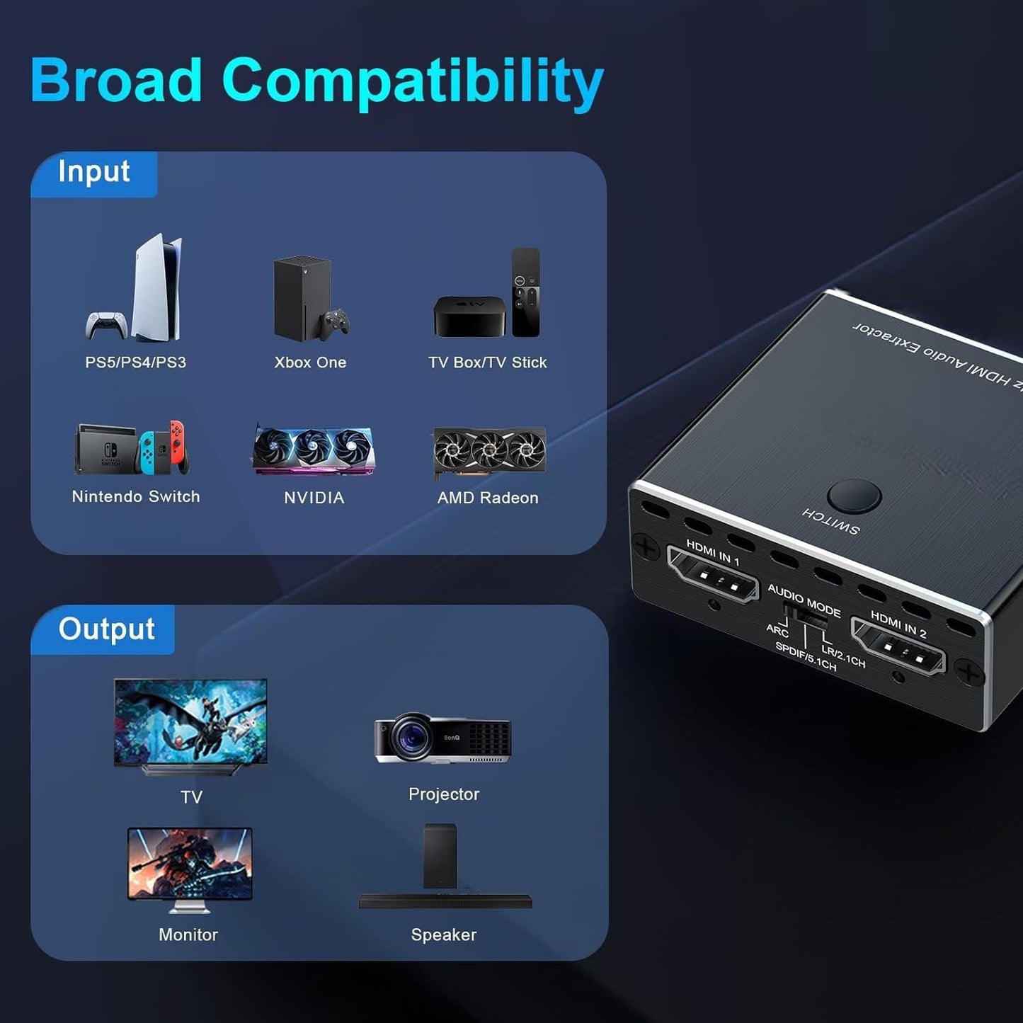 NÖRDIC SGM-237 HDMI 2.1 Switch - Audio Extractor - 8K60Hz, 4K120Hz - 3.5mm Jack AUX - Optical SPDIF