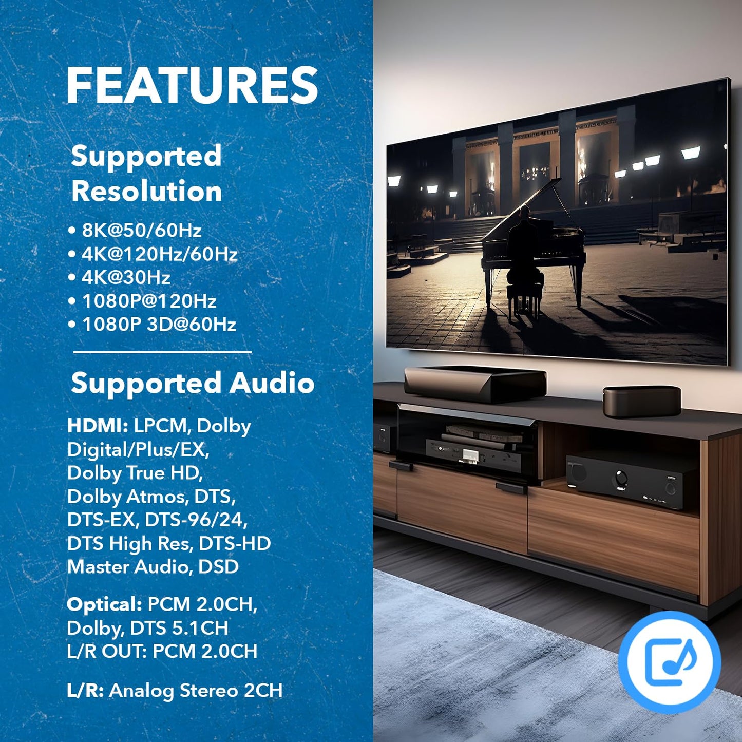 NÖRDIC Premium HDMI 2.1 Audio Extractor - 8K60Hz, 4K120Hz - Gaming &amp; Home Cinema - Dolby Atmos, HDR10+