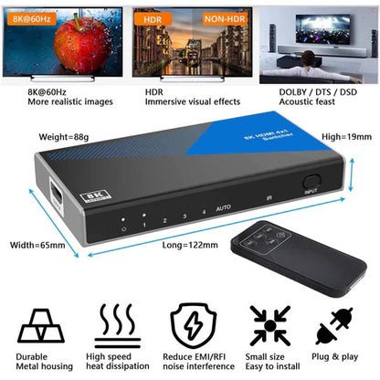 NÖRDIC HDMI 2.1 Switch - 8K60Hz 4K120Hz - 4 naar 1 - Dolby ATMOS - 7.1CH - Geschikt voor Xbox en PS5