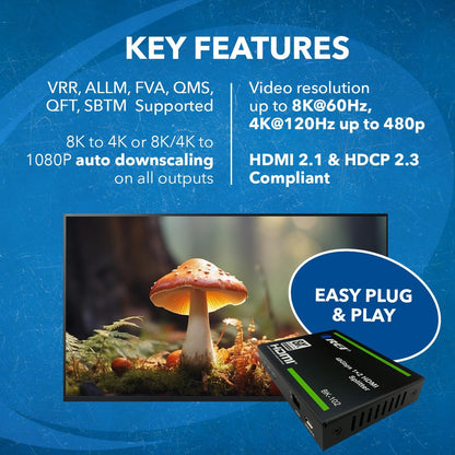 NÖRDIC 4K HDMI 2.1 Splitter 1 in 2 uit - 8K60Hz, 4K120Hz - Ultra HD Audio Extractor - PC, Laptop & Gaming