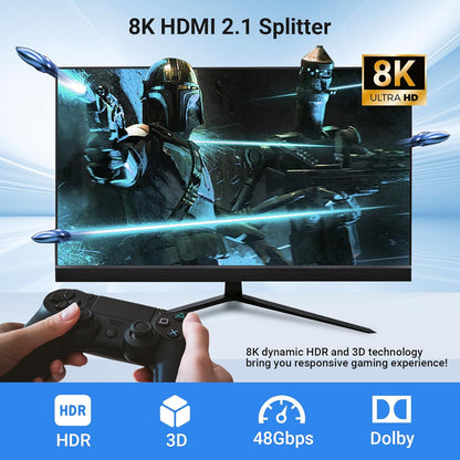 NÖRDIC 4K HDMI 2.1 Splitter 1 in 4 out - 8K60Hz, 4K120Hz - Ultra HD Audio Extractor - PC, Laptop &amp; Gaming
