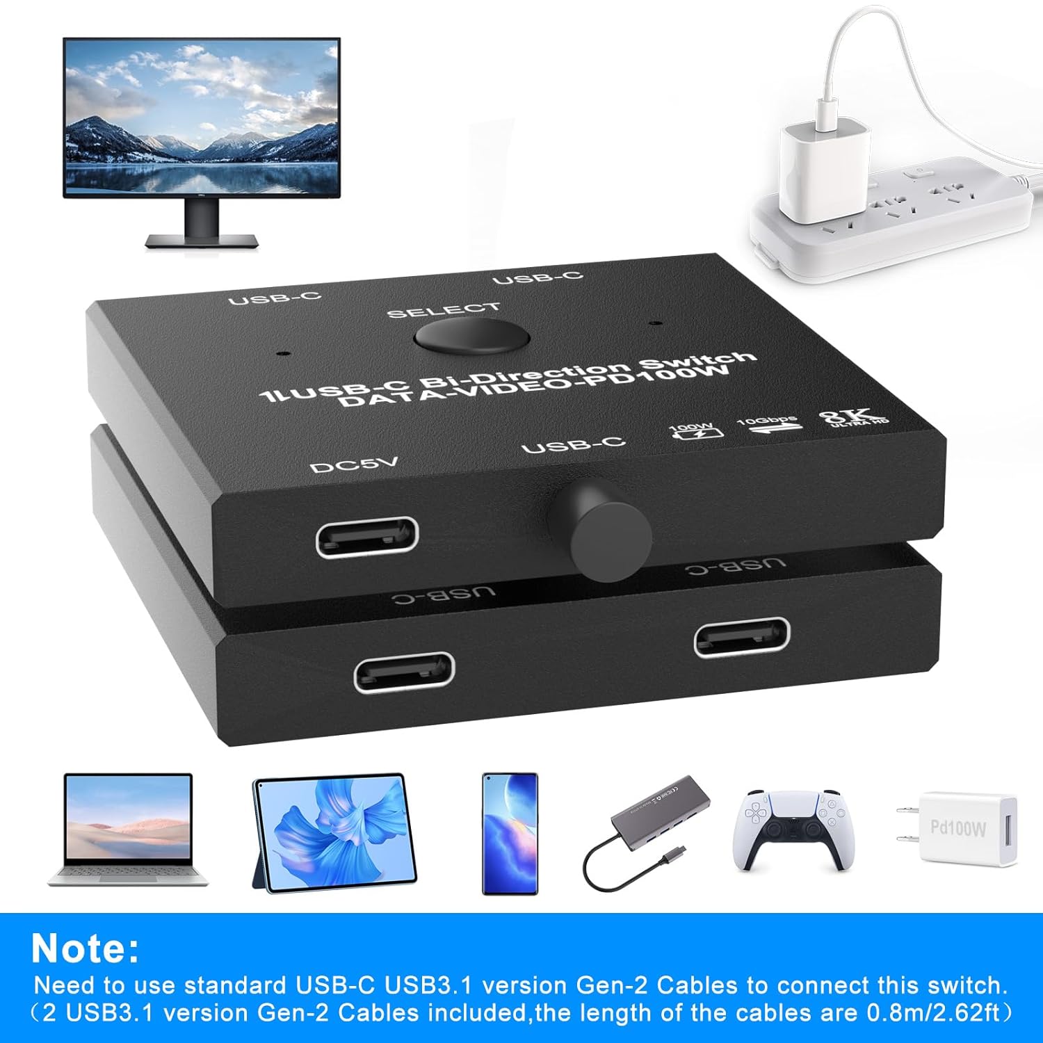 NÖRDIC USB C Splitter 2 naar 1 - USB C Switch - 8K60Hz - 100WPD - Geschikt voor Smartphone, Laptop, Tablet, PC & TV
