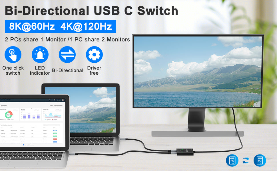 NÖRDIC USB C Splitter 2 naar 1 - USB C Switch - 8K60Hz - 100WPD - Geschikt voor Smartphone, Laptop, Tablet, PC & TV