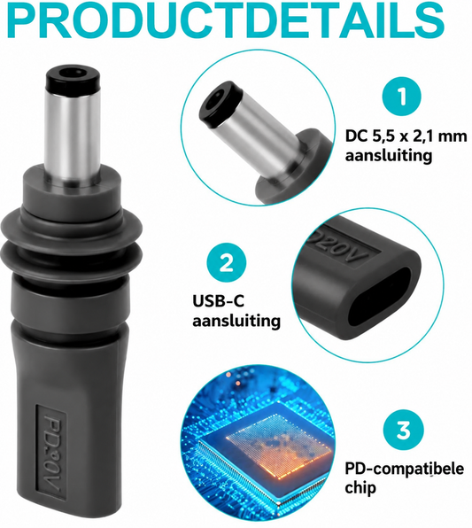 NÖRDIC USB-C naar DC Adapter 100W – Geschikt voor Starlink Mini – 5,5 x 2,1 mm – PD – Waterdicht