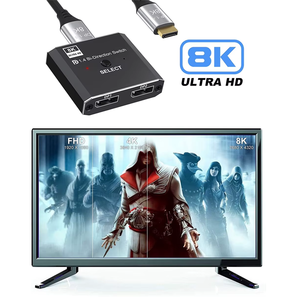 Delmark DisplayPort Switch & Splitter - 8K30Hz - Bi-directionele DP 1.4 Schakelaar - 1 naar 2 - 2 naar 1