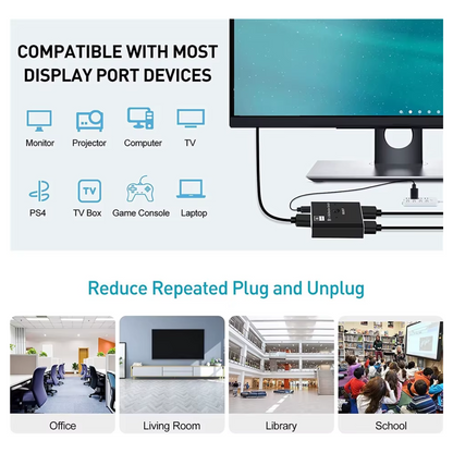 Delmark DisplayPort Switch & Splitter - 8K30Hz - Bi-directionele DP 1.4 Schakelaar - 1 naar 2 - 2 naar 1