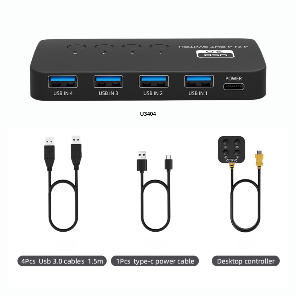 Delmark USB 3.0 Switch - 4 naar 4 - Deel 4 USB poorten op 4 PC's - USB Hub en KVM Switch - Inclusief 4x USB kabel