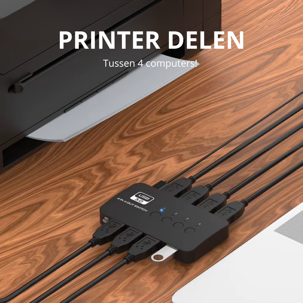 Delmark USB 3.0 Switch - 4 naar 4 - Deel 4 USB poorten op 4 PC's - USB Hub en KVM Switch - Inclusief 4x USB kabel