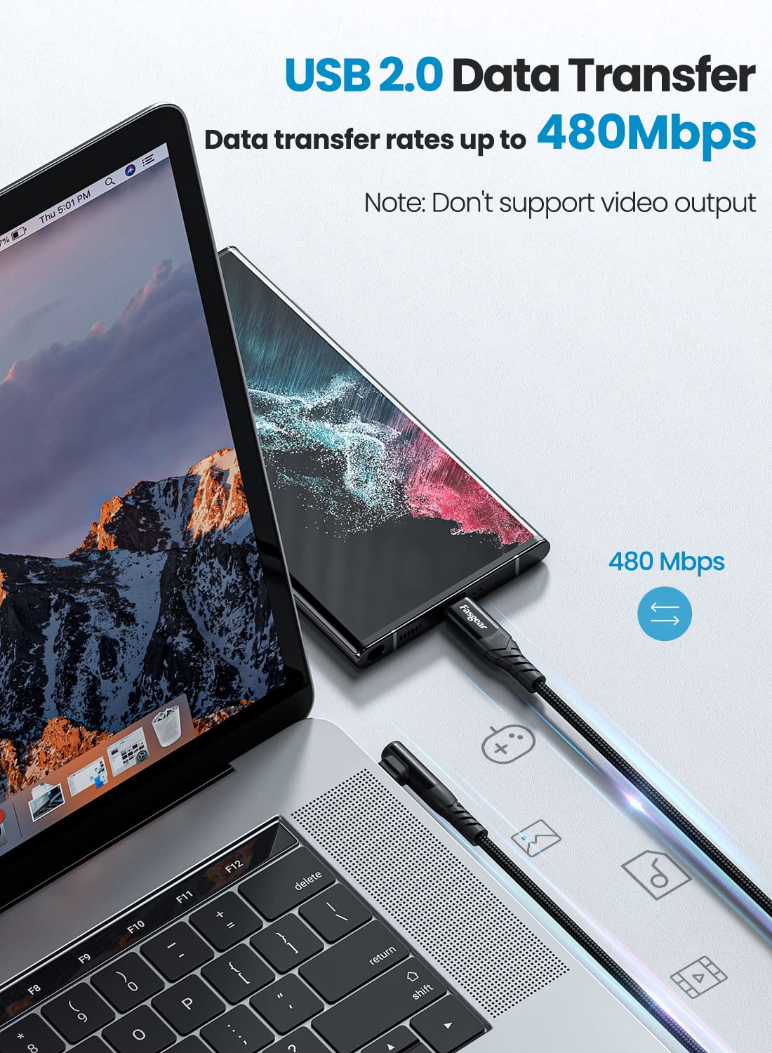 NÖRDIC USB C to USB C Angled Cable - Suitable for Smartphone, Tablet &amp; PC - USB 2.0 - 480Mbps - 60W - 1m - Black