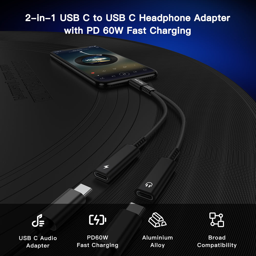 NÖRDIC USB-C naar USB-C + 3.5mm AUX adapter met 60W Power Delivery - 2-in-1 USB-C Audio Splitter