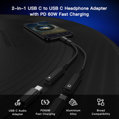 NÖRDIC USB-C naar USB-C + 3.5mm AUX adapter met 60W Power Delivery - 2-in-1 USB-C Audio Splitter