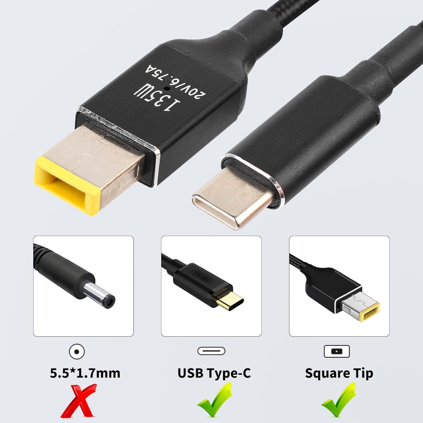 NÖRDIC USB-C Kabel - DC 5,5 × 1,7 mm - Geschikt voor Lenovo apparaten - 135W - Geschikt voor Tablet & Laptop - 2m