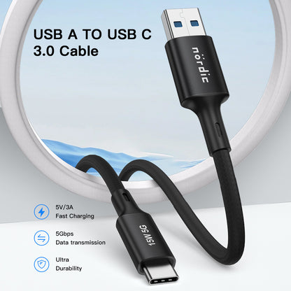 NÖRDIC USBC-N1038 USB-C naar USB-A kabel - USB3.2 Gen1 - 5m - 5Gbps - PD 60W - Zwart