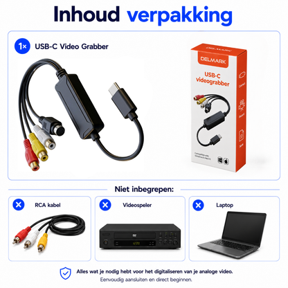 Delmark USB-C Video Grabber - AV naar USB-C Laptop of mobiel - RCA Video-opnamekaart