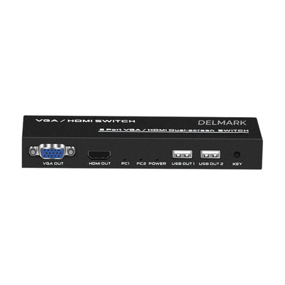 Delmark KVM Switch HDMI & VGA – Voor 2 PC's naar 2 Monitoren – Dual monitor schakelaar – Inclusief desktop switch knop & kabels