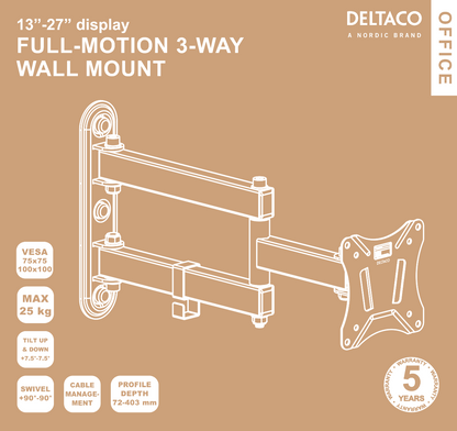 DELTACO OFFICE ARM-0251, Kantelbaar, draaibaar, TV Beugel, 13"- 27 inch, max. 25 kg, zwart