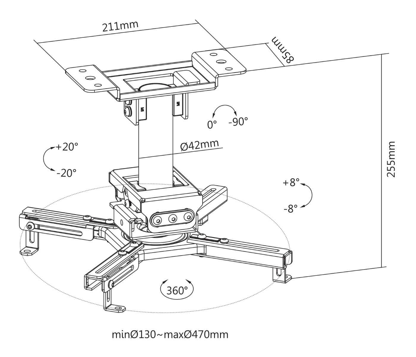 DELTACO OFFICE ARM-0410 Ceiling Mount - Suitable for Projectors - Rotatable and Tiltable - Black