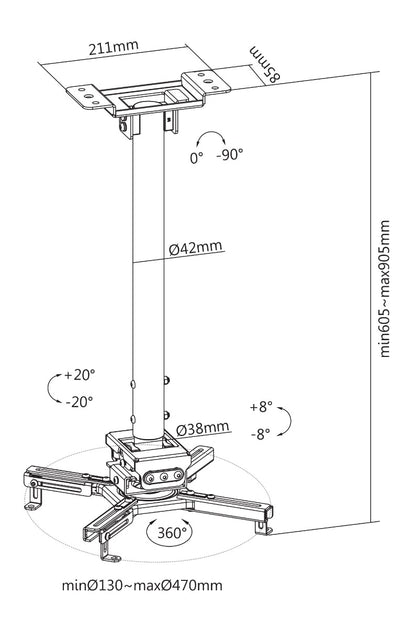 DELTACO OFFICE ARM-0412 Ceiling bracket - Rotatable and Tiltable - Black