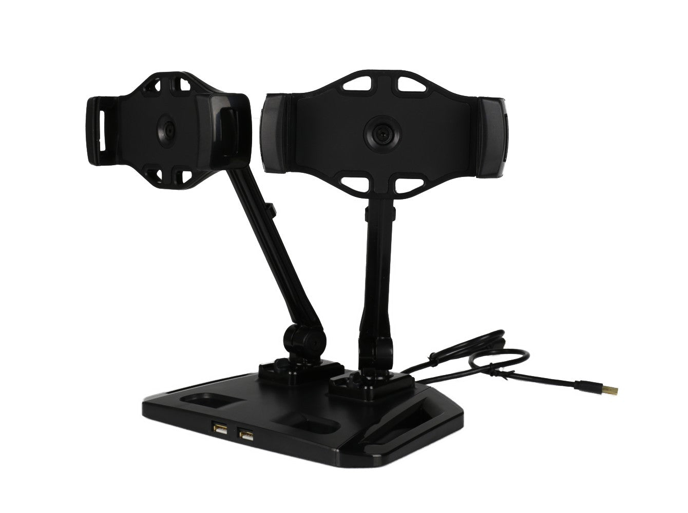 DELTACO ARM-257 Stand with 2 arms, Universal holders for Smartphone &amp; Tablet (4 - 12.2 inch), 360 degree rotation, 2 built-in USB 2.0 ports, black