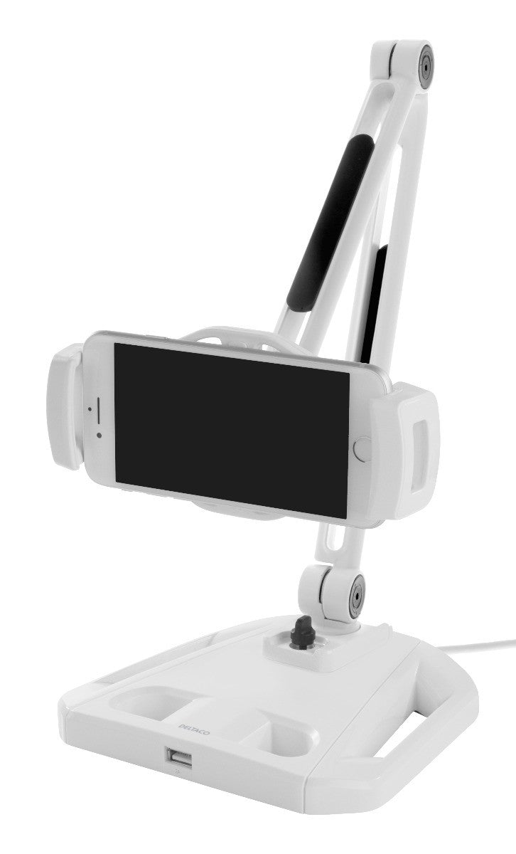 DELTACO ARM-266 Stand with holder for Smartphone &amp; Tablet (4 - 12.2 inch), 360 degree rotation, built-in USB 2.0 port
