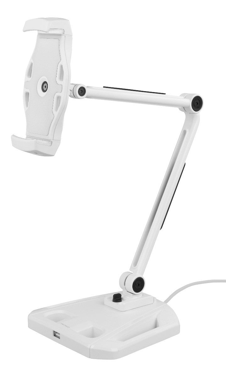 DELTACO ARM-266 Stand with holder for Smartphone &amp; Tablet (4 - 12.2 inch), 360 degree rotation, built-in USB 2.0 port