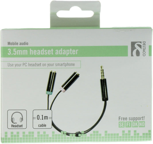 DELTACO AUD-201 3,5 mm Headset-Adapter - Mikrofon (rosa) und Audio zu einem einzelnen 3,5 mm (grün) Eingang, Mini-Klinkenausgang - schwarz