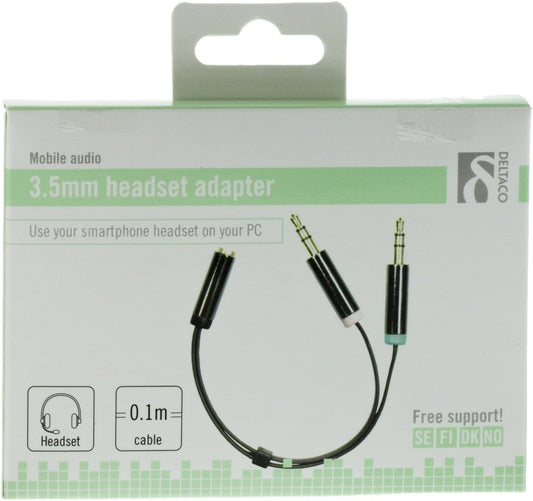DELTACO AUD-202 3,5mm Microfoon en Stereo audio splitter kabel 10cm - Voor gebruik smartphone headsets op PC