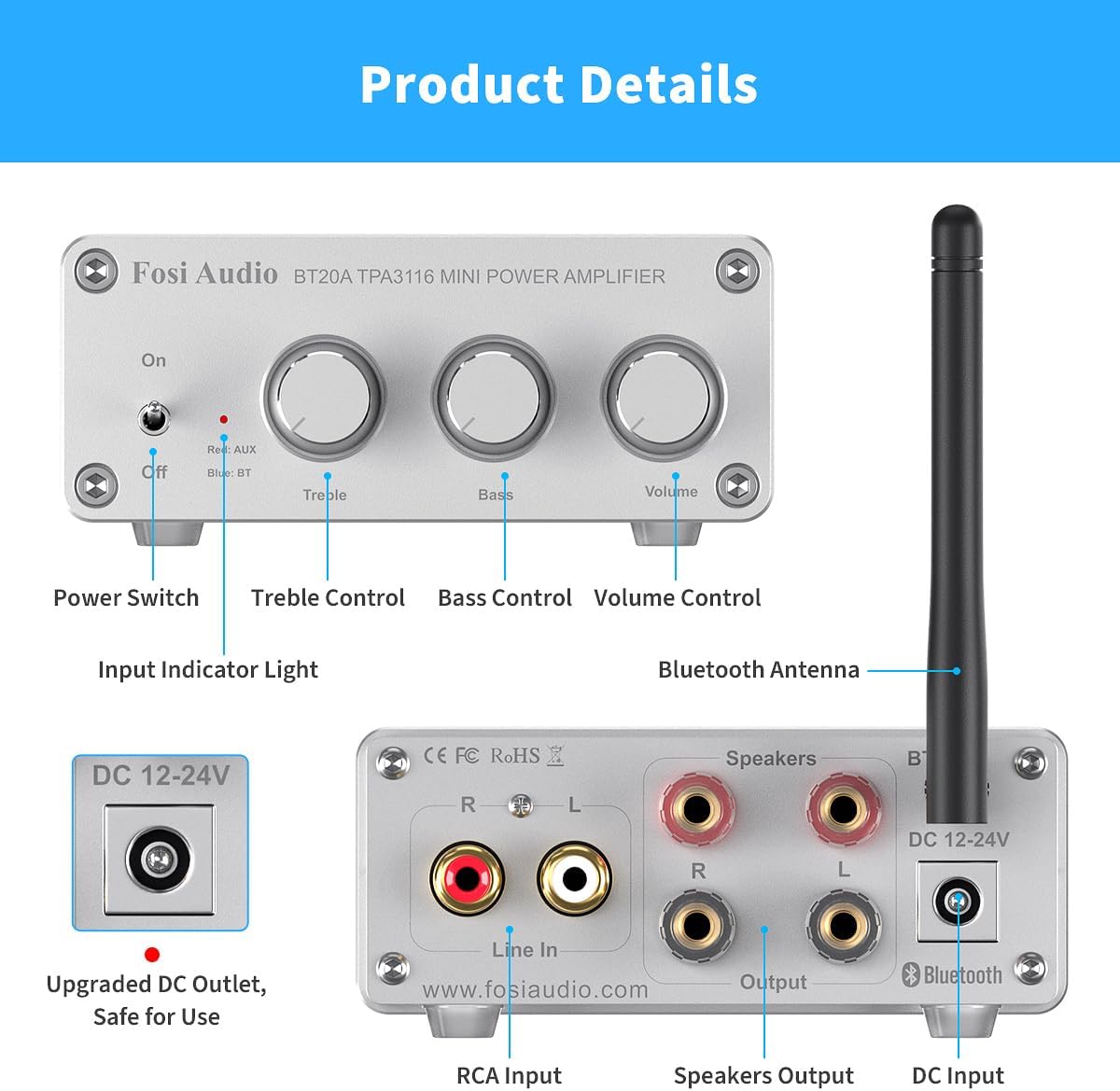 NÖRDIC Fosi Audio BT20A-S Audio Bluetooth 5.0 Versterker - 2x 100W - RCA - Smartphone, PC, Tablet - Hifi - Zilver