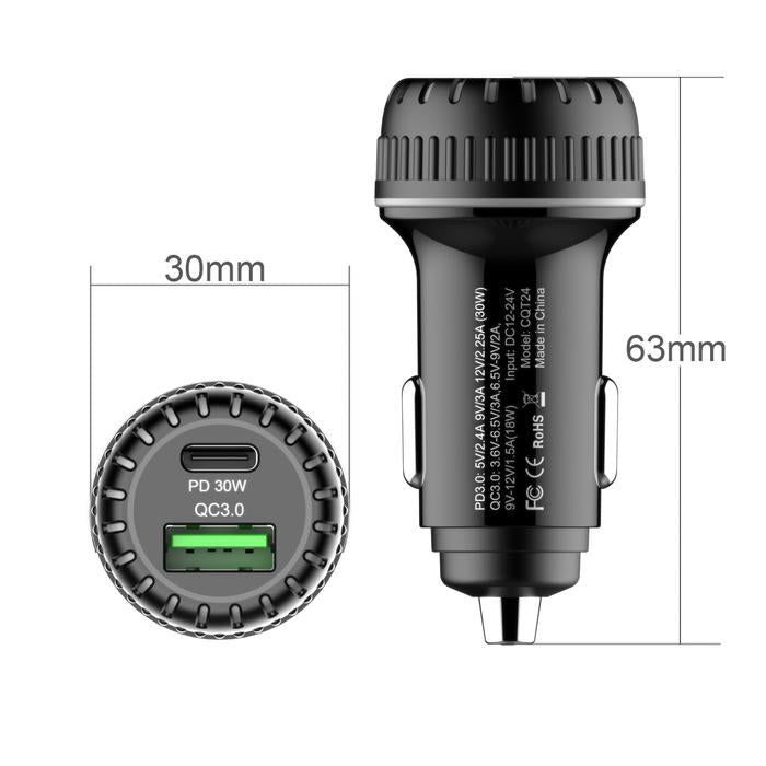 NÖRDIC CARC-N1001 autolader 30W met 1xUSB C PD 30W, 1xUSB A 18W Quick charge 3.0 Qualcomm gecertificeerd, zwart