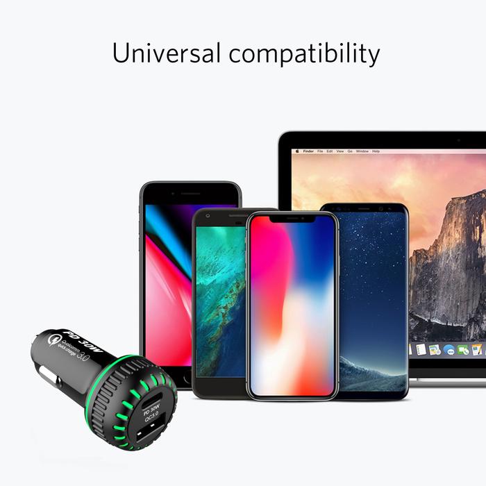 NÖRDIC CARC-N1001 autolader 30W met 1xUSB C PD 30W, 1xUSB A 18W Quick charge 3.0 Qualcomm gecertificeerd, zwart