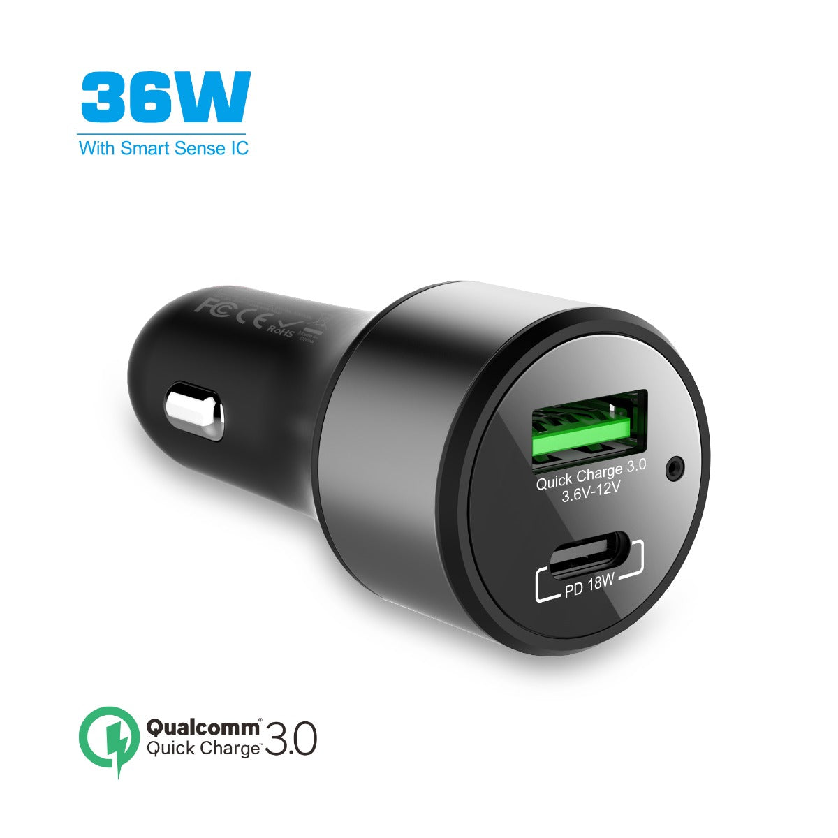 NÖRDIC CARC-N1002 autolader 36W met 1xUSB C PD 18W, 1xUSB A 18W Quick charge 3.0 Qualcomm gecertificeerd, zwart