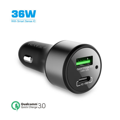 NÖRDIC CARC-N1002 autolader 36W met 1xUSB C PD 18W, 1xUSB A 18W Quick charge 3.0 Qualcomm gecertificeerd, zwart