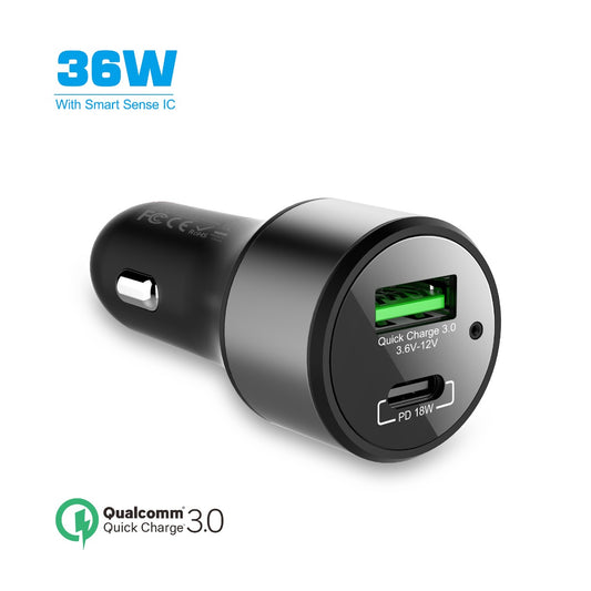 NÖRDIC CARC-N1002 autolader 36W met 1xUSB C PD 18W, 1xUSB A 18W Quick charge 3.0 Qualcomm gecertificeerd, zwart
