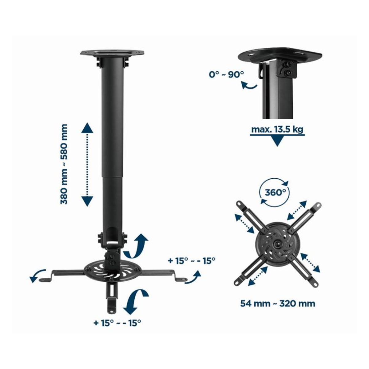 Universele Beamer Plafondbeugel – In Hoogte Verstelbaar (38-58cm) – Full Motion Kantelbaar & Draaibaar – Max. 13kg