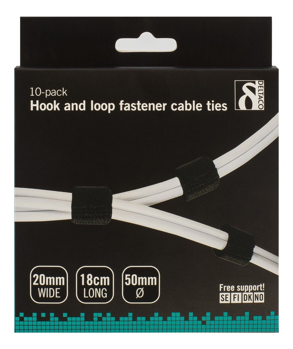 DELTACO CM03S, Kabelbinder set, klittenband, zwart 10-pak