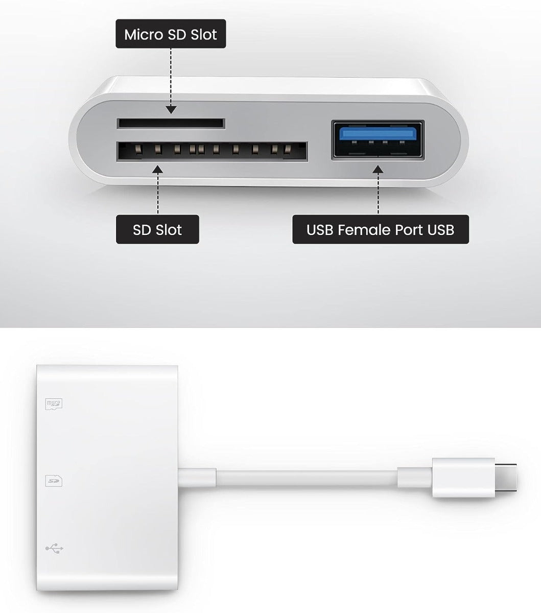 NÖRDIC CRD-023 USB-C Kaartlezer - SD/Micro SD - UHS-I - USB-A 3.0 - Wit