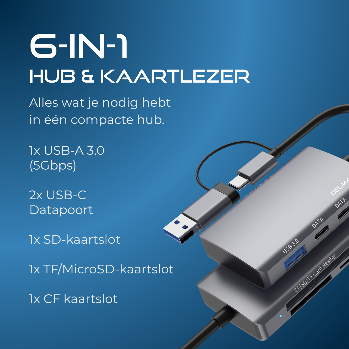 Delmark 6-in-1 hub en kaartlezer - USB-C en USB-A 3.0