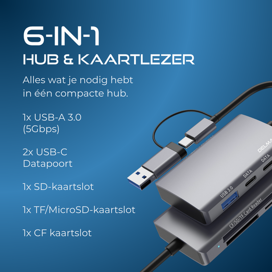 Delmark 6-in-1 hub en kaartlezer - USB-C en USB-A 3.0