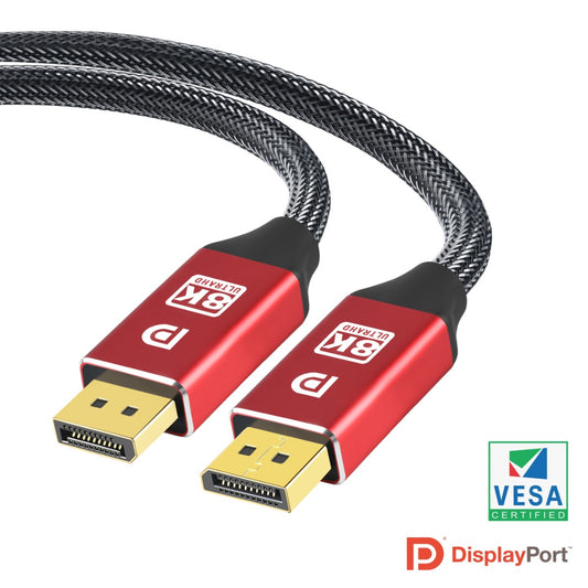 NÖRDIC DP-211 Gecertificeerde Displayport kabel  - 1.4  - 8K60Hz  - 32,4Gbps  - 1m  - Rood/Zwart