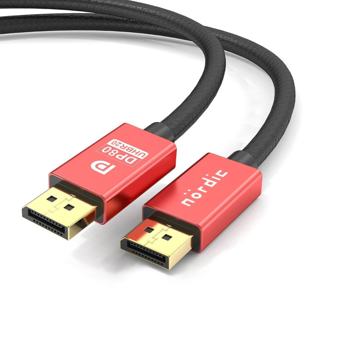 NÖRDIC DP-621 Displayport 2.1 Cable - VESA certified - UHBR20 - 80Gbps - 16K60Hz - HDR - HDCP2.2 - 2m - Black/Red